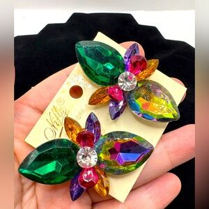 Vtg 1960s Flower Power Clip On Earrings Multi-Color Marquise Rhinestone Crystal